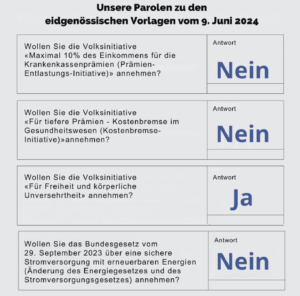 Parolen Aufrecht Schweiz Volksabstimmung vom 9. Juni 2024