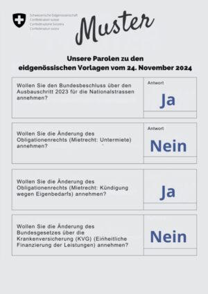 Parolen Aufrecht Schweiz Volksabstimmung vom 24. November 2024